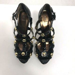 BAKERS Black High Heel Dress, Evening Leather w gold accent Sandals Shoes 7.5 M